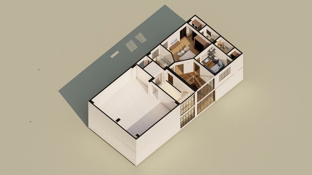 Modern Apartment Interior in Isometric View- Entry Doors Windows and Home Office Design