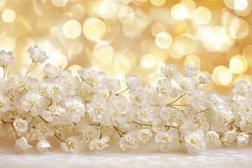 Delicate white blossoms against a golden bokeh background