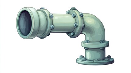 Illustration of a pipe fitting.  A light teal pipe with a right-angle bend and flange connectors.  Detailed view