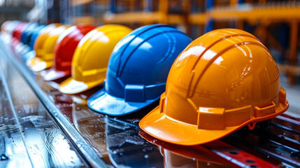 Row of colorful construction hard hats lined up on a metal surface in an industrial setting, symbolizing workplace safety, protection, and teamwork.  
