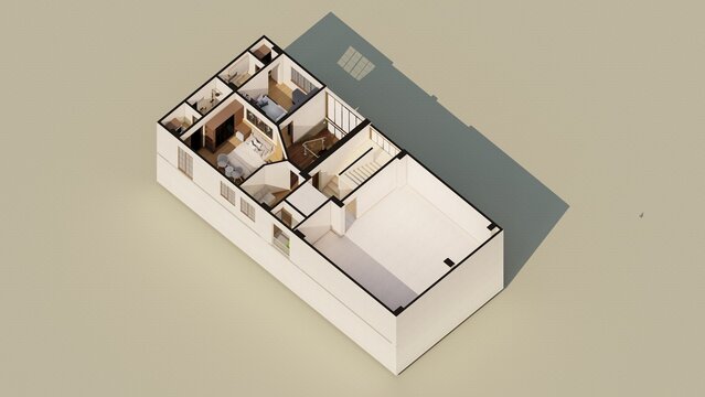 Residential Construction Layout &ndash; 3D Isometric Rendering of Family Living Space with Bathroom and Kitchen