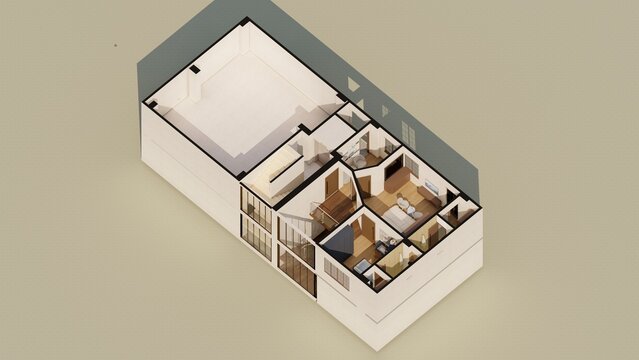 Typical First Floor Property Design- Axonometric Rendering with Bedroom Bathroom Kitchen and Living Room