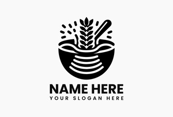 Minimalist black and white vector graphic of cereal bowl with milk splash and wheat stalks on clean background. Breakfast food concept  