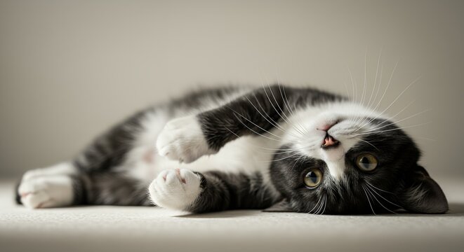 Playful Tuxedo Cat Lies Upside Down with Paws Up in a Relaxed Po