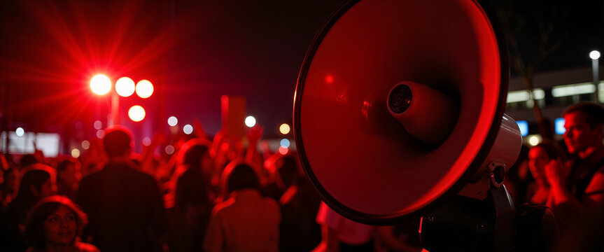 Dynamic protest scene with loudspeaker at night, vocal empowerment