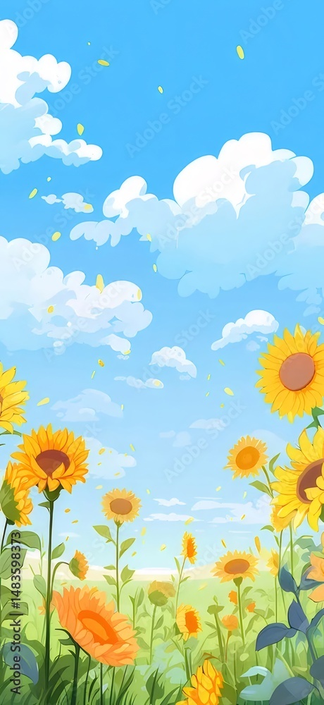 Poster 鮮やかな黄色のヒマワリが咲く牧草地のピクセルアート 夏の青空に白い雲が広がる 壁紙や背景に最適な風景