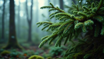 Fototapeta premium A close-up of a pine branch in a misty forest.