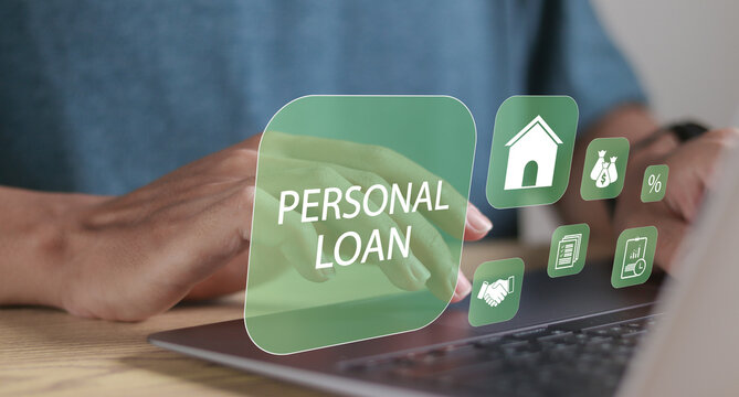 Personal loan and financial concept. Financial loan agreement. Person using laptop laptop with loan icons on virtual screen.