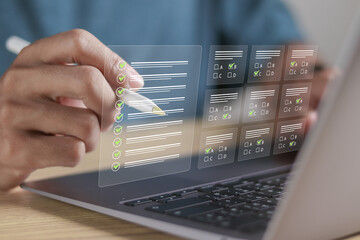 Online exam concept. Online education, assessment, questionnaire, evaluation. Person use laptop to...