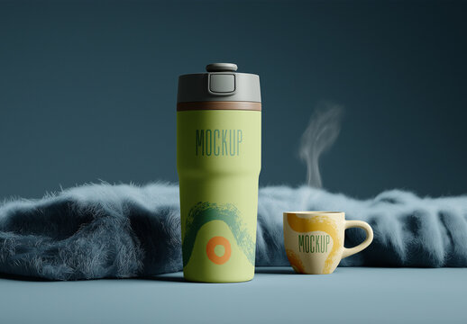 Coffee Mug and Travel Cup Mockup &ndash; Realistic PSD Scene with Steam Effect and Cozy Setting for Hot Beverage Branding, Packaging Design, or Product Promotion