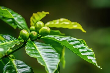 Unripe coffee cherries on branch