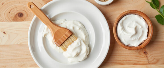 Skincare application with brush on ceramic dish, detox and purity