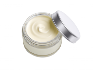 An open glass jar holds a swirling creamy lotion, the silver lid resting beside it on a white surface, highlighting the product's smoothness and texture.