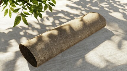 A burlap sack with a handle lies on a light-colored surface, with a tree branch and leaves in the background.