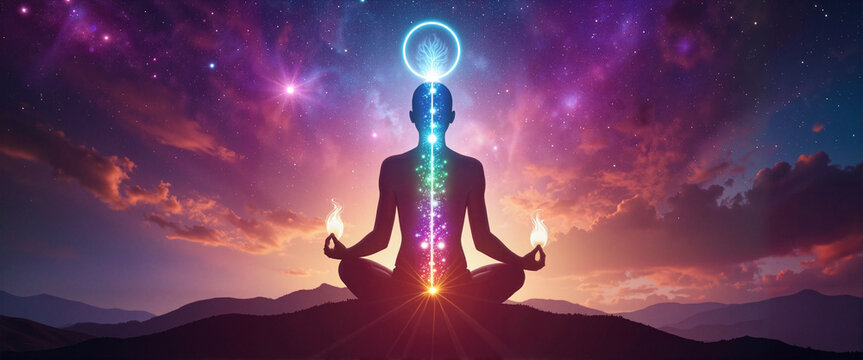 Enlightened figure meditating with radiant chakras in cosmic space, inner peace