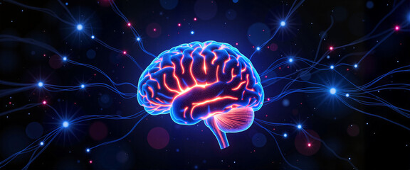 Glowing human brain connected by digital neural network, intelligence concept