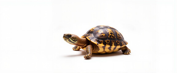 Obraz premium Turtle walking slowly across a white background, message of patience