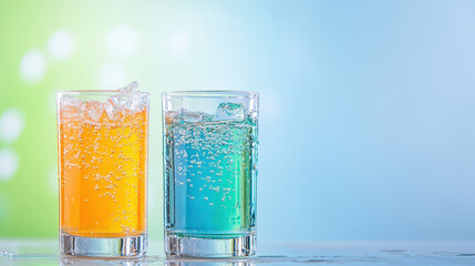 Refreshing orange and blue carbonated drinks in clear glasses with ice, set against vibrant background, evoke sense of summer joy