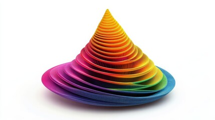 Colorful, abstract, layered, cone-shaped, 3D form on white background.