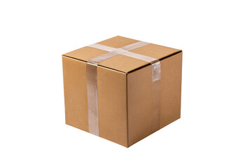 Cardboard box sealed with tape isolated on transparent background