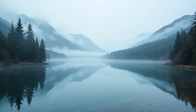 Serene lake with foggy mountains and reflection.