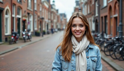 Fototapeta premium Smiling woman on a city street in autumn attire.