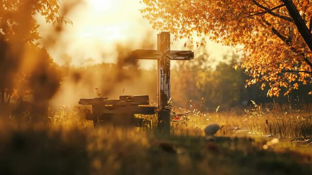 rustic wooden cross in autumn field with golden sunlight and trees, concept of faith peace