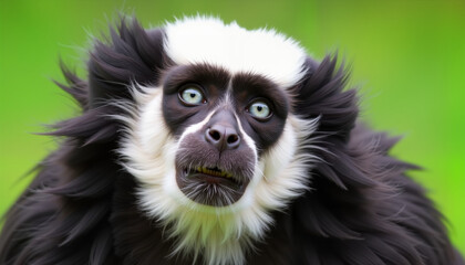 Obraz premium Black and white monkey with striking eyes against green background 