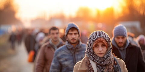 refugees in a line escaping persecution 