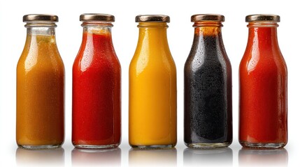 Assorted sauces in glass bottles