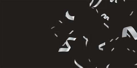 Black Background Party Overlay with Realistic Metallic Silver Confetti and Streamers. realistic pattern over a transparent background, ideal for adding a celebratory, decorative touch to invitations, 