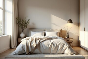 Neutral palette bedroom with plush bedding, soft lighting , ambiance, home