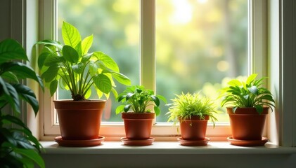 Fototapeta premium Newly potted houseplants on a windowsill, bathed in sunlight , window, sill, plant life