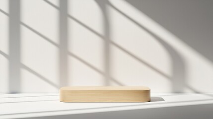 A light wood box sits on a white floor against a white wall.