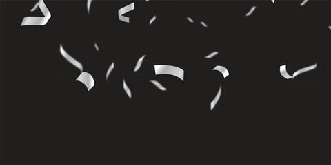 Black Background Party Overlay with Realistic Metallic Silver Confetti and Streamers. realistic pattern over a transparent background, ideal for adding a celebratory, decorative touch to invitations, 