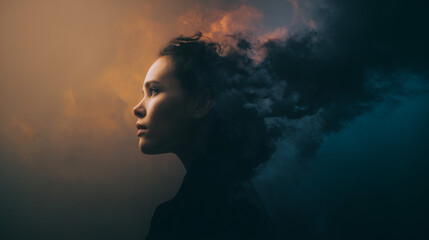 Conceptual female portrait with smoke blending into background, dual lighting in orange and blue tones, moody surreal composition for artistic, editorial or branding visuals