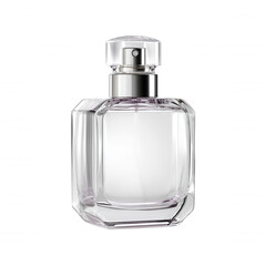 A luxurious, transparent glass perfume bottle with a silver nozzle and clear cap sits gracefully against a pristine white background, radiating elegance and beauty.