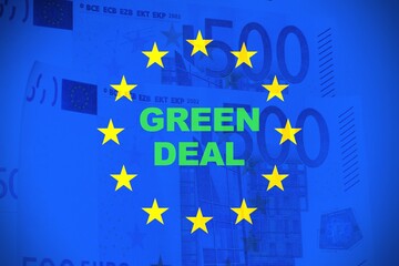 Flag of European union with the words Green deal - environmental and ecological policy of climate neutrality. Vector illustration