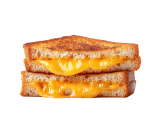 Two golden brown grilled cheese sandwiches are stacked on top of each other with melted cheese oozing out, isolated against a clean white background for advertising.