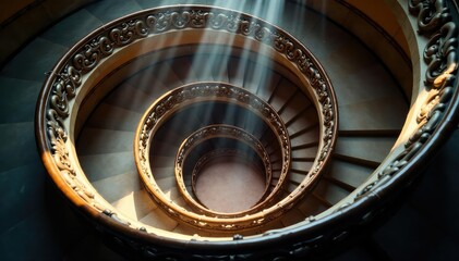 Elegant spiral staircase ascending, showcasing intricate design and craftsmanship Light streams from above , winding stairs, construction