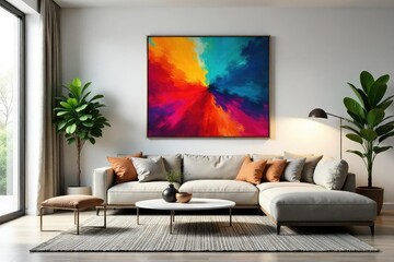 Stylish living room with modern furniture and decor, featuring a comfortable sofa and statement artwork , texture, residential