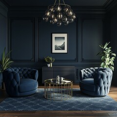 Dark blue home interior with old retro furniture, hipster style, 3d render