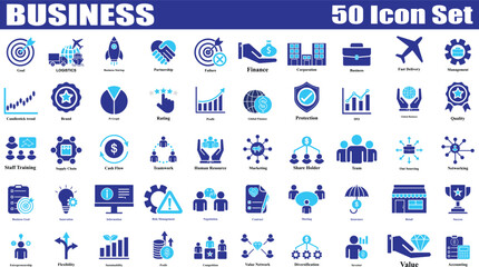 Set of 50 fill icons related to business. Flat Colorful Business icon collection Isolated. Editable Icon for teamwork, leadership, innovation, strategy, planning, vision, growth, success.