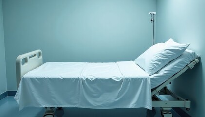 Empty hospital bed, crisp white linens, ready for a patient Clean, sterile environment , clean, white linens