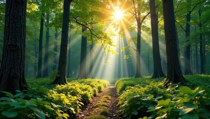 Lush Estonian forest with sunlight filtering through leaves ,  vegetation,  natural