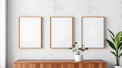 Artistic Interior: A modern, minimalist interior features three empty framed art pieces on a textured wall, complimented by a potted plant, creating a serene and artistic ambiance. - obrazy, fototapety, plakaty