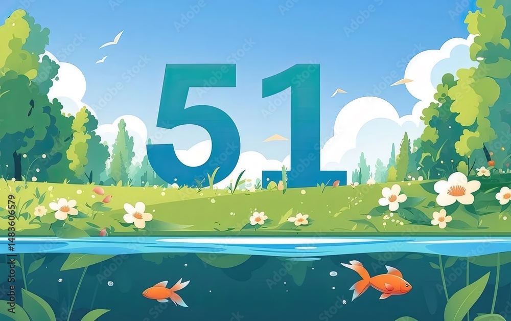 Aufkleber 春の風景池の魚と花が咲く緑豊かなイラスト空の青さ背景に平和と穏やかさを感じるデザイン