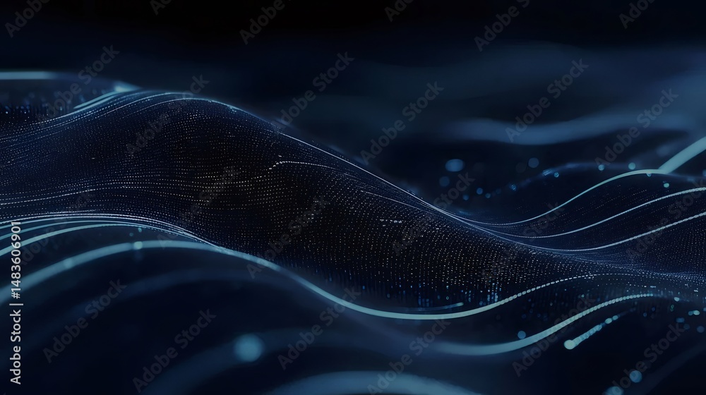 Poster 青色の抽象的な波状の背景に輝く粒子と流れる線 テクノロジーと未来的なデザインのイメージ 3dレンダリング