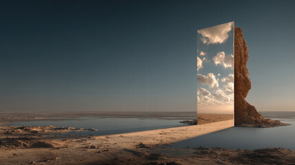 Mirror reflecting clouds over a surreal landscape at dusk creating an illusion of another world