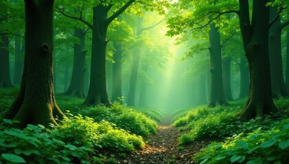Lush green forest background, perfect for nature themes , earthy, background, foliage